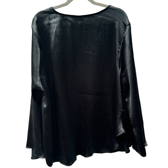 Ava & Viv Plus Size Flared Long Sleeve Black Satin Blouse, Shimmery Black Top - Picture 9 of 13